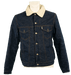 Denim jacket with shearling collar on a mannequin, front view.