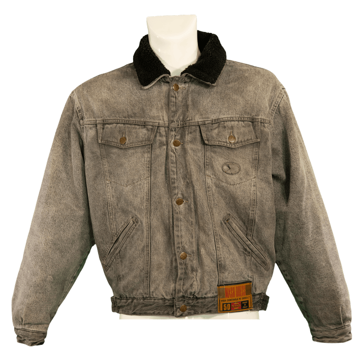 Vintage denim jacket with black shearling collar on a mannequin