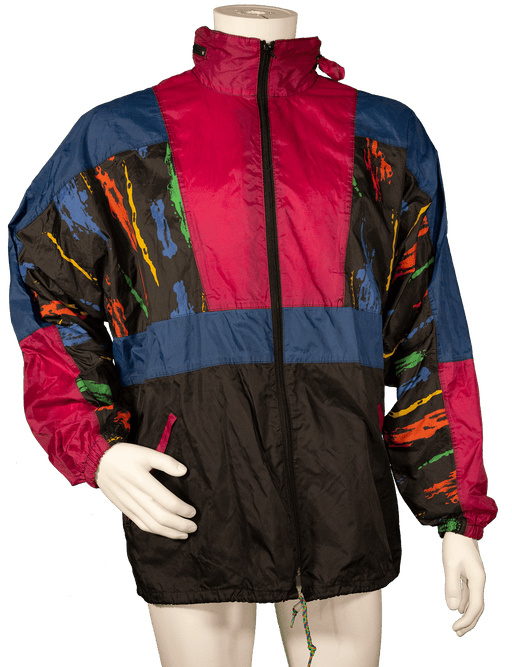 Vibrant retro windbreaker jacket with multicolored design, red, blue, and black sections on a mannequin.