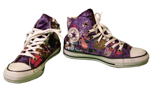 Purple Converse high-top sneakers with a colorful artistic design and white laces