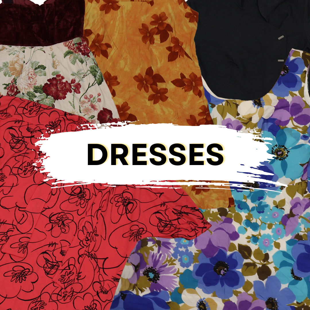 Assorted vintage dresses in floral and colorful patterns highlighting vintage fashion and wholesale vintage clothes.