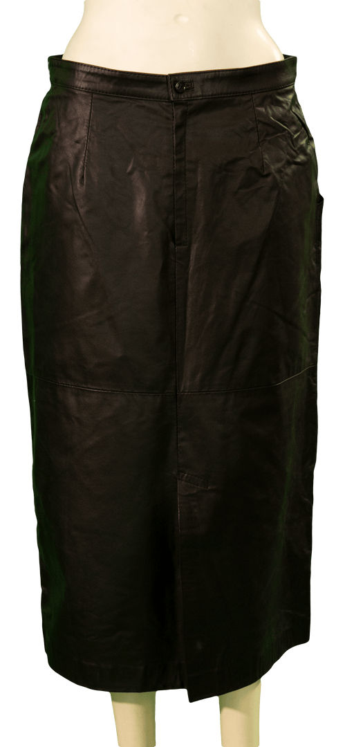 Black leather midi skirt on a mannequin, showcasing sleek and stylish design perfect for edgy and sophisticated fashion.