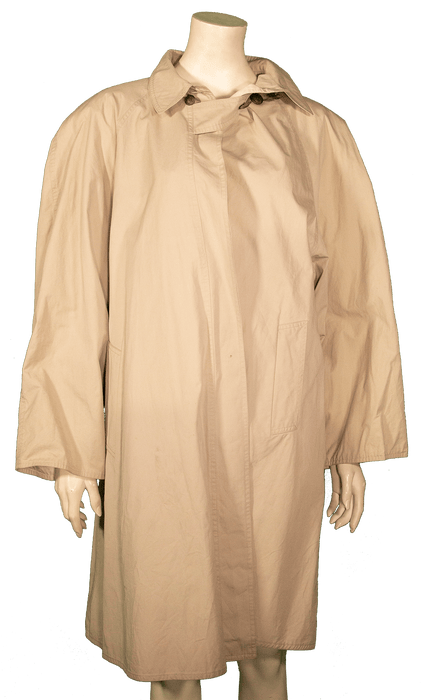 Beige long trench coat on mannequin, showcasing classic fashion outerwear for all seasons.