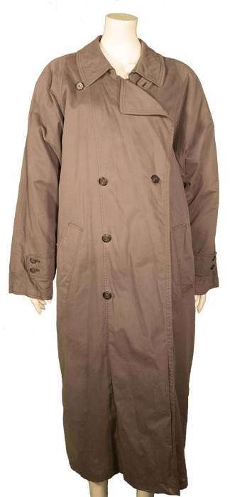 Long brown trench coat with double-breasted buttons and large lapel on a white mannequin.