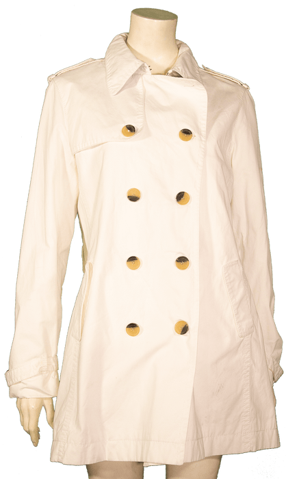 White double-breasted trench coat with button details and side pockets for a stylish and classic look