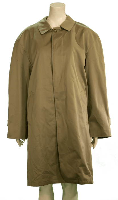 Classic khaki trench coat with button closure and lapel collar.