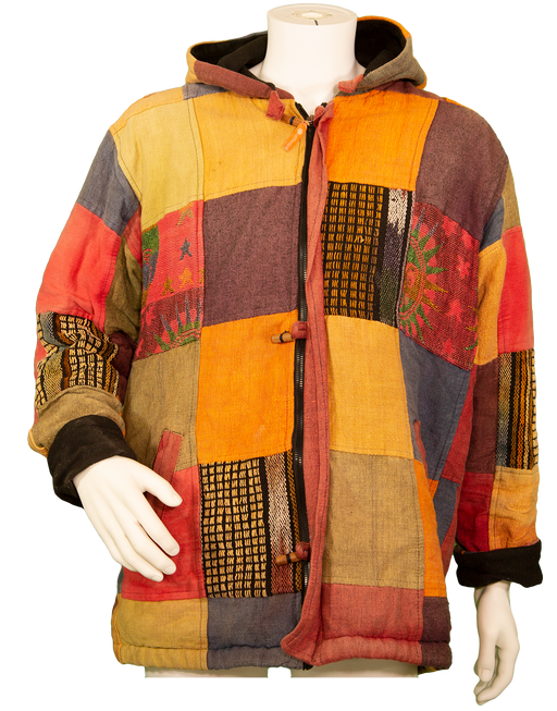 Colorful patchwork hoodie with various patterns and a front toggle closure on a mannequin, perfect for a bohemian style.