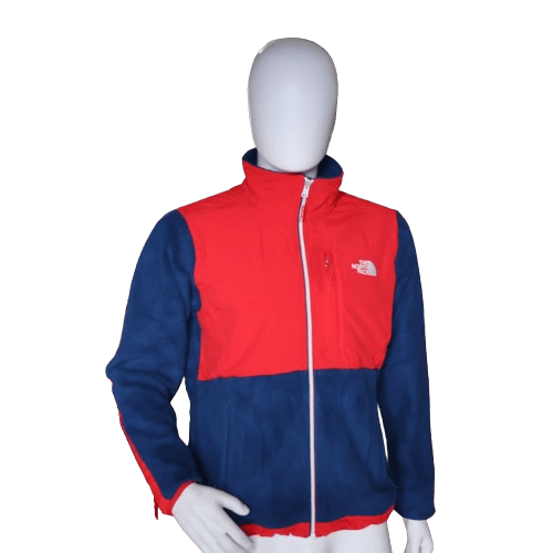 Vintage red and blue North Face fleece jacket on a mannequin, part of a mixed batch from the '70s, '80s, '90s, and 2000s, vintage wholesale fashion.