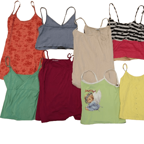 A selection of vibrant modern tops from a vintage wholesale pack, featuring various colors and styles, ideal for vintage fashion enthusiasts.