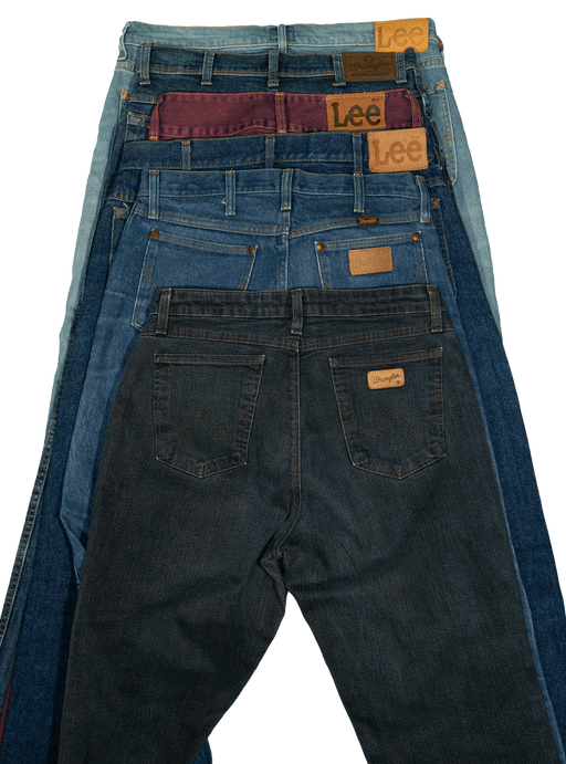 Vintage Wholesale Mix of Lee and Wrangler Pants from 70s, 80s, 90s, and 00s. Grade A Vintage Fashion Clothing.