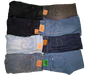 A variety of denim jeans in different shades and styles, neatly folded and stacked.