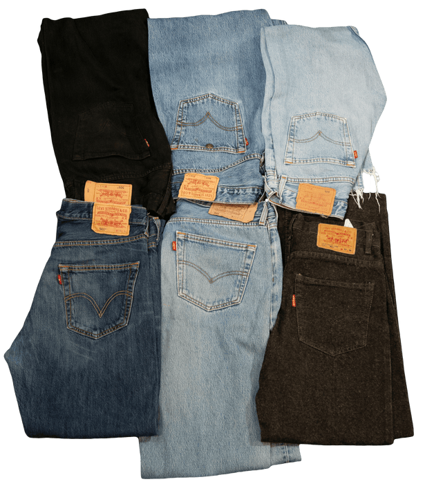 Various styles and colors of jeans displayed, showcasing different pockets and denim shades