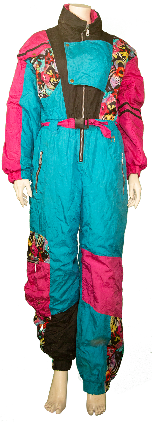 Colorful retro ski suit with blue, pink, and floral patches displayed on a mannequin