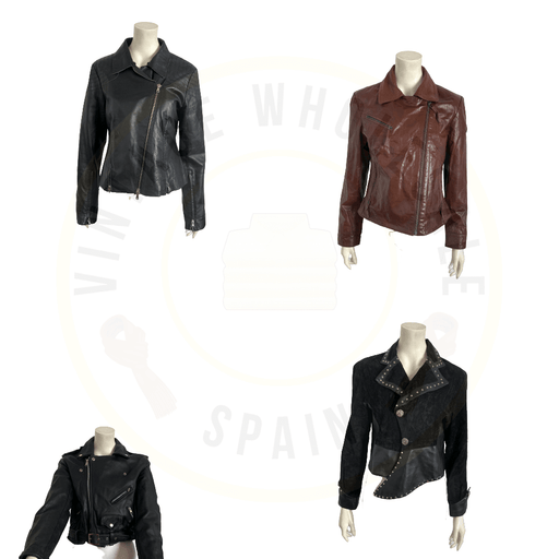 Collection of four vintage leather jackets in black and brown displayed on mannequins.