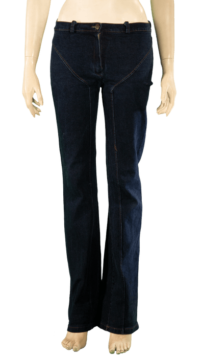 Stylish dark blue denim jeans with front pockets and button closure displayed on mannequin.