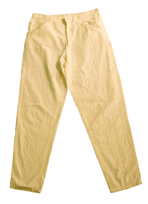 Light yellow casual pants on a plain background.