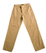 Beige khaki pants with front pockets and belt loops displayed on a green background.