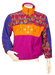 Vintage colorful jacket with vibrant patterns and embroidered designs, featuring purple, orange, and pink hues.