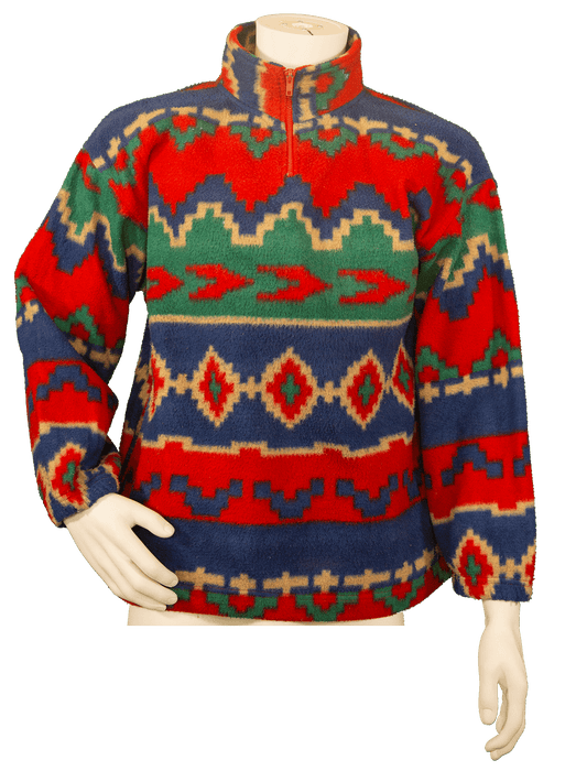 Colorful patterned fleece sweater with red, green, blue, and cream geometric designs on a mannequin.