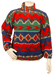 Colorful patterned fleece sweater with red, green, blue, and cream geometric designs on a mannequin.