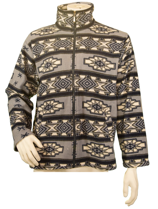 Geometric patterned fleece jacket on a mannequin with a high collar and zip front, perfect for cold weather.