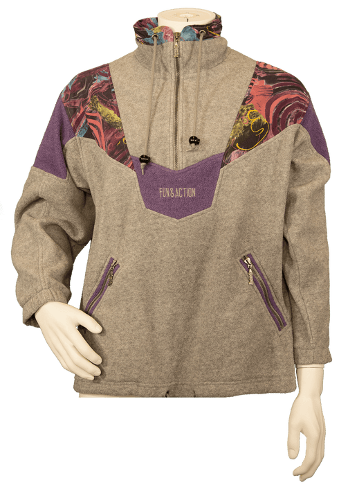 Grey fleece jacket with colorful shoulder design and "FUN & ACTION" text, featuring purple zippered pockets and a high collar.