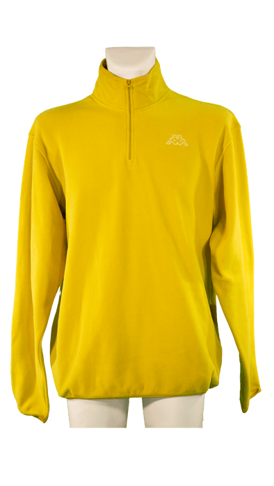 Bright yellow long-sleeve pullover with zip-up collar on a mannequin