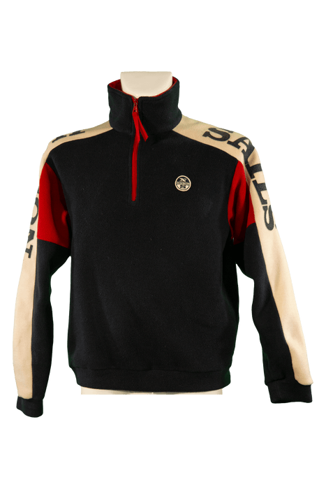 Stylish black and red pullover with zipper and logo on chest, featuring beige sleeves and sporty design for a trendy look