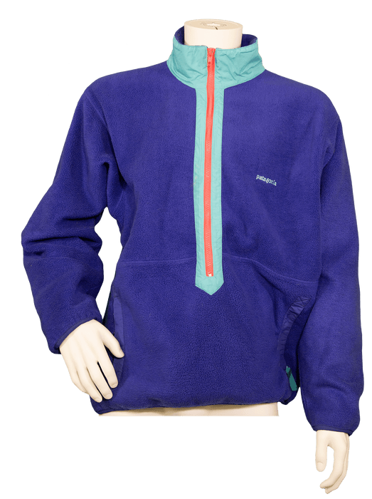 Purple fleece zip-up jacket with turquoise collar and orange zipper, perfect for outdoor activities and casual wear.