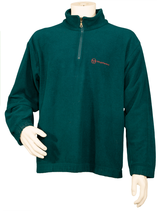 Green fleece pullover sweater with quarter-zip design and embroidered logo on mannequin