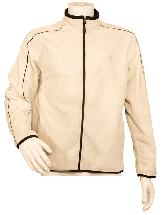 Beige zip-up jacket with black piping displayed on a mannequin