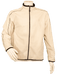 Beige zip-up jacket with black piping displayed on a mannequin