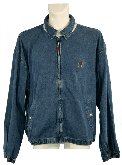 Vintage denim jacket with embroidered logo on front, classic collar, zip front, and pocket detailing.