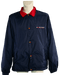 Navy blue windbreaker with red collar and button accents, featuring a small Hilfiger logo on chest.