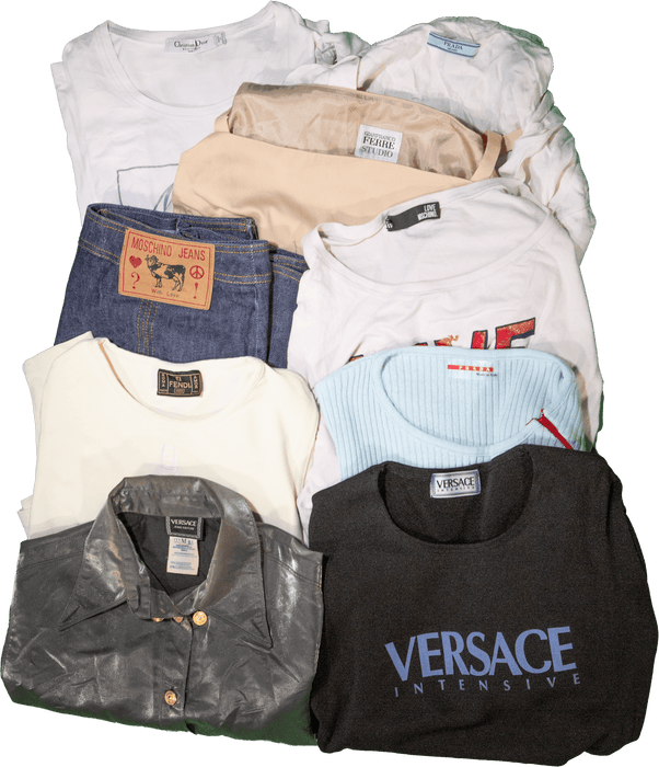 Premium vintage wholesale luxury clothing for women, featuring brands like Versace, Moschino showing a diverse mix of shirts and jeans.