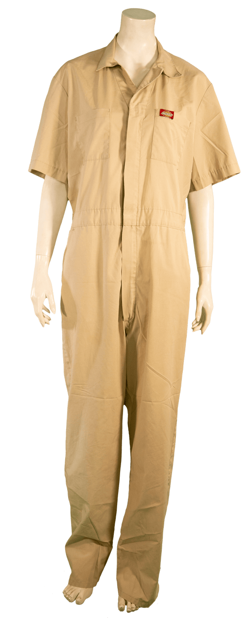 Beige short-sleeve adult jumpsuit on a mannequin for sale.