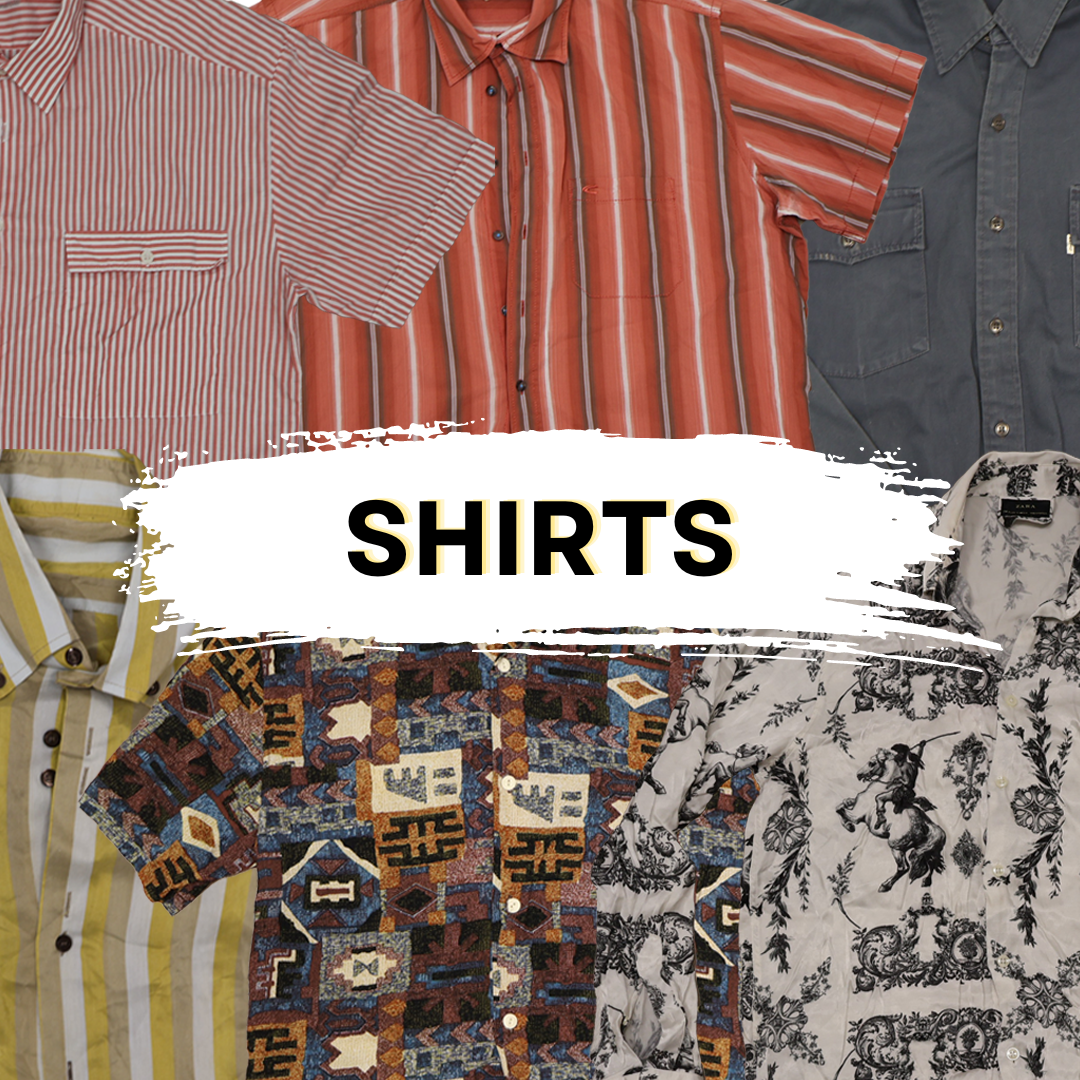 Assorted men's shirts in various patterns and colors, including stripes, plaid, and graphic designs.