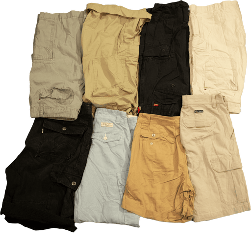 Assorted men's cargo shorts in various colors including black, gray, beige, khaki, and light blue, displayed flat.