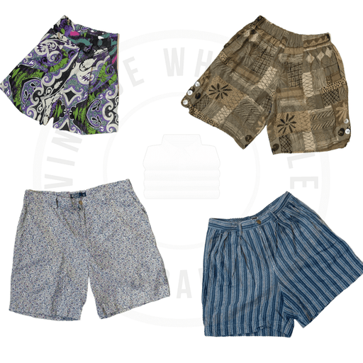 Collection of four distinct patterned men's shorts in various colors and designs against a white background.