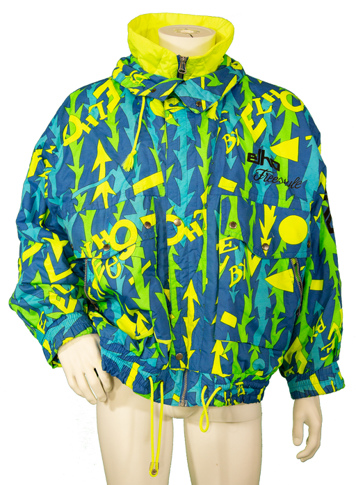 Bright retro windbreaker jacket in blue, yellow, and green with abstract patterns and a zip-up design with a high collar.