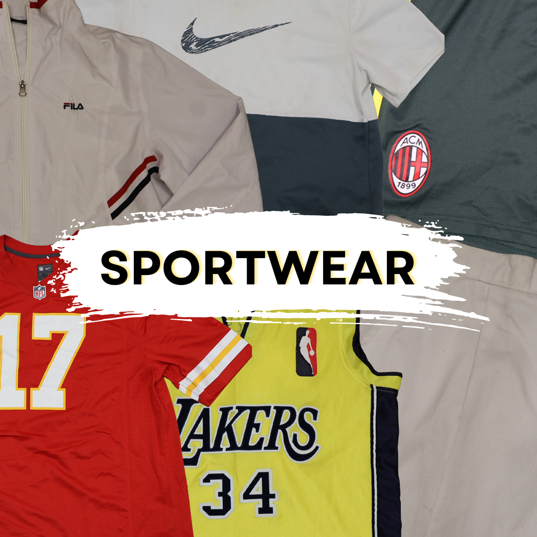 Vintage sportswear collection featuring retro jackets, shirts, and jerseys from Fila, Nike, AC Milan, NFL, and NBA.