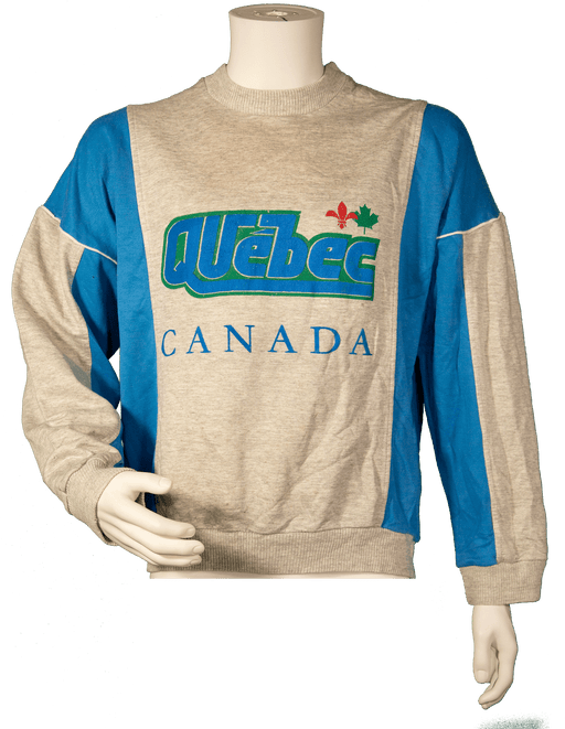 Vintage Quebec Canada sweatshirt with blue and gray design on mannequin