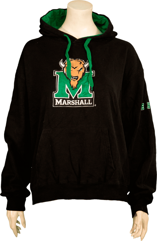 "Black hoodie with Marshall University logo and green accents"