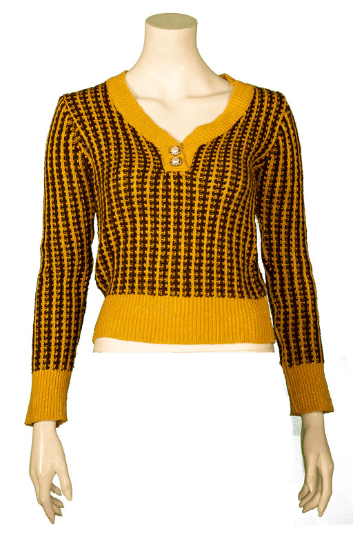 Vibrant mustard and black houndstooth long-sleeve sweater with button details on mannequin. Perfect for adding a pop of color to your wardrobe.