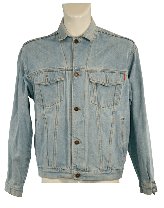 Light blue denim jacket with button-up front and chest pockets on a mannequin.