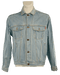 Light blue denim jacket with button-up front and chest pockets on a mannequin.