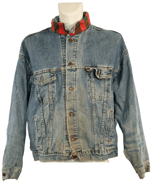 Vintage blue denim jacket with brown buttons and a red flannel-lined collar displayed on a mannequin.