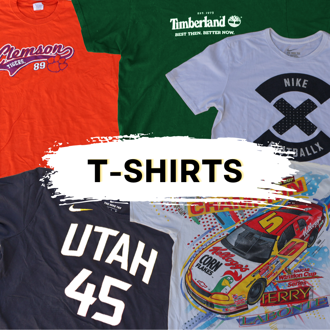 Vintage fashion T-shirts collection including Utah, NASCAR, and Clemson designs, featuring vintage clothes from wholesale sellers.