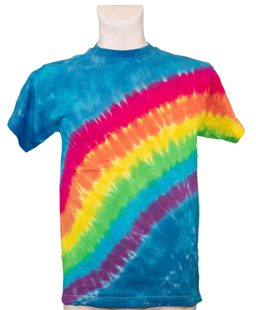 Vibrant rainbow tie-dye t-shirt with colorful diagonal stripes on a white mannequin torso. Stylish and trendy apparel.