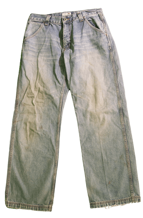 Vintage light wash blue jeans with slight distressing and a relaxed fit design.